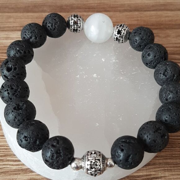 Full Moon Flash Moonstone & Lava Rock Beaded Stretch - Picture 4 of 4